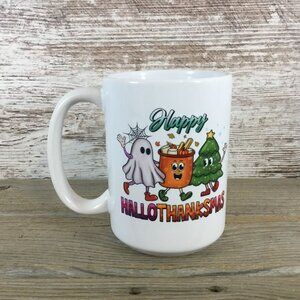 Happy HalloThanksMas Ghost, Pumpkin Spice and Christmas Tree Design 15 oz Cerami